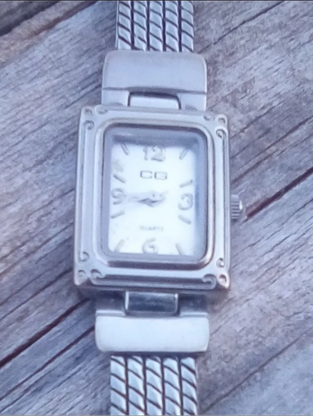 Vintage CG Quartz Watch Silver Tone Square White Dial Link Bracelet 7 In